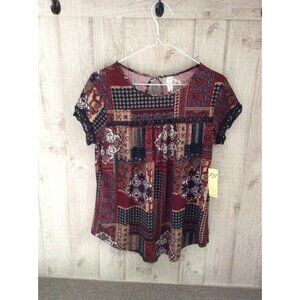 PerSeption Concept Womens S Navy Burgundy Patchwork Boho Quilt Core Crochet Trim